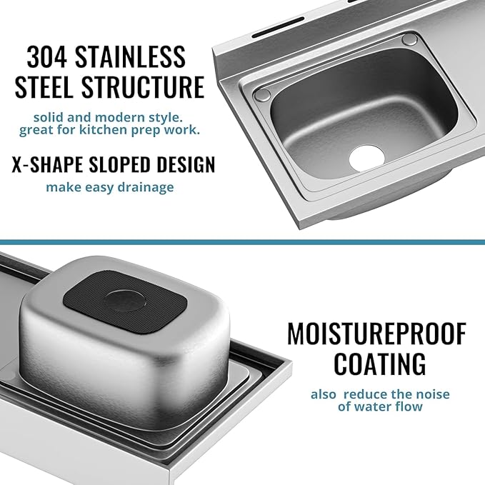 Stainless Steel Sink, Free Standing Kitchen Sink with Countertop Workstation, Utility Sink Single Bowl with Cold and Hot Water Pipe for Kitch Laundry Room Garage Farmhouse Indoor Outdoor (39 Inch)