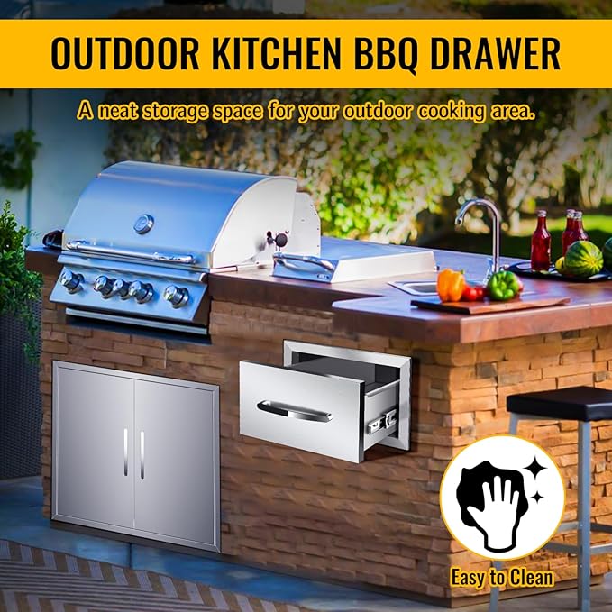Outdoor Kitchen Stainless Steel Triple Access BBQ Drawers With Handle For BBQ Island Patio Grill Station,Single Drawer