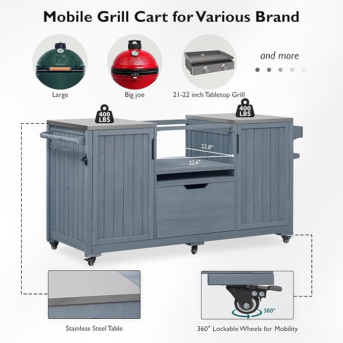 Merax 66.5" Outdoor Grill Table for Big Green Egg, Farmhouse Kitchen Island on Wheels with Stainless Steel Tabletop, Drawer and Spice Rack, Solid Wood Outdoor Storage Cabinet for Backyard, Grey Blue