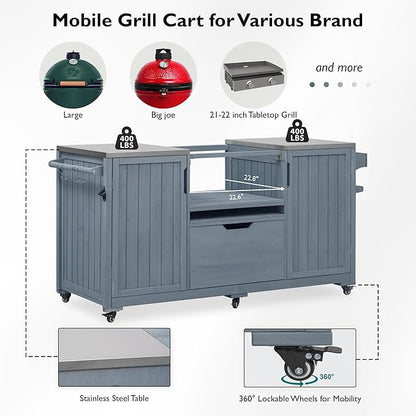 Merax 66.5" Outdoor Grill Table for Big Green Egg, Farmhouse Kitchen Island on Wheels with Stainless Steel Tabletop, Drawer and Spice Rack, Solid Wood Outdoor Storage Cabinet for Backyard, Grey Blue