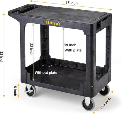 ELAFROS Heavy Duty Plastic Utility Cart Flat top 37 x 18.8 Inch - Work Cart Flat Shelves and 2 Fixed 2 Swivel Wheels Safely Holds up to 550 lbs - 2 Tier Service Cart for Warehouse,Garage, Black