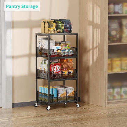 HapiRm Fruit Basket Kitchen Cart - 4-Tier Rolling Storage Cart with Wheels, Fruit Vegetable Basket with Wood Top, Pantry Utility Kitchen Organizer for Fruit Potato Onion Vegetable Bread Snack