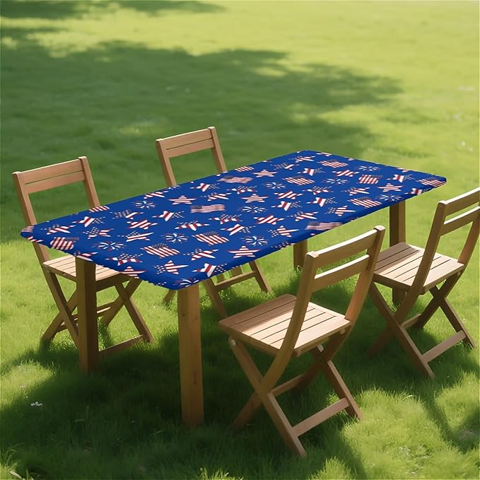 Rectangle Table Cloth Cover Waterproof Elastic Fitted Polyester Fitted Tablecloths for 8 Foot Tables for Indoor,Picnic, Camping, Outdoor （96" x 30"，American Flag）