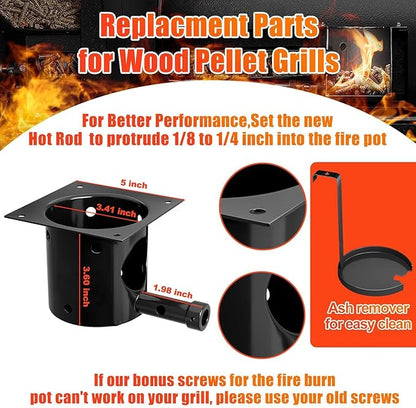 GRISUN Fire Pot Burn Pot and Hot Rod Ignitor Kit for Traeger, Pit Boss Pellet Grill, Upgraded Porcelain-Enameled Fire Pot, Heavy Duty Pellet Grill Replacement Parts, with Ash Remover, Screws and Fuse