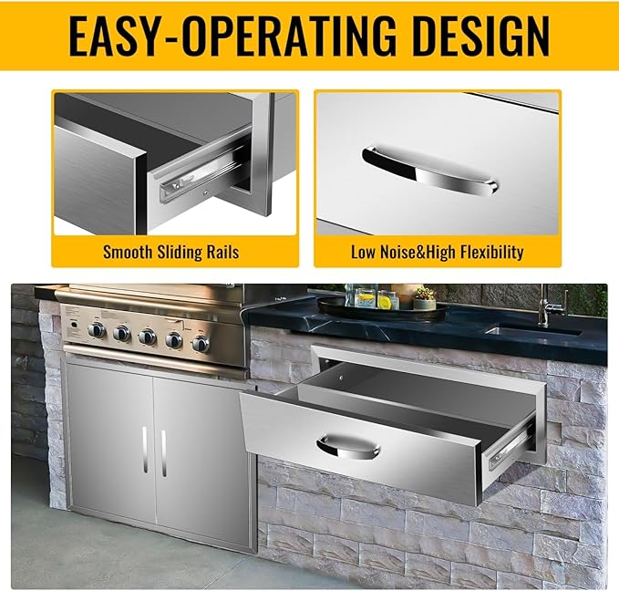 Pull Out Trash Drawer, Lower Sliding Rails Stainless Steel Roll Out Trash Bin Pull Out Tray With Handle For Outdoor Kitchen BBQ Island Grill Station,Single Drawer