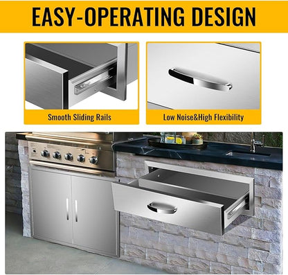 Pull Out Trash Drawer, Lower Sliding Rails Stainless Steel Roll Out Trash Bin Pull Out Tray With Handle For Outdoor Kitchen BBQ Island Grill Station,Single Drawer