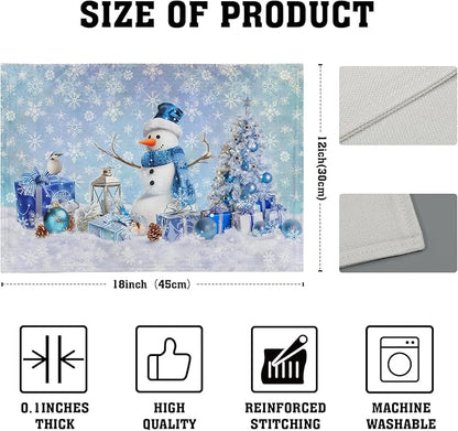 Giwawa Blue Snowman Placemats Set of 4 Christmas Trees Balls Winter Snowflakes Linen Place Mat Xmas Snow Scenery Non Slip Heat Resistant Table Mats 12"x18" for Kitchen Dining Holiday New Year Decor