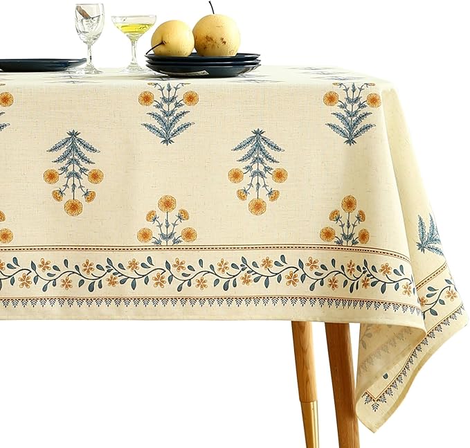 ISAENNE Designer French Pale Yellow Rectangular Tablecloth,Linen Floral Table Cloth,Wrinkle Resistant Decor Tablecloths for Dining Thanksgiving Banquet Kitchen Party,55"*87"-Estevan A
