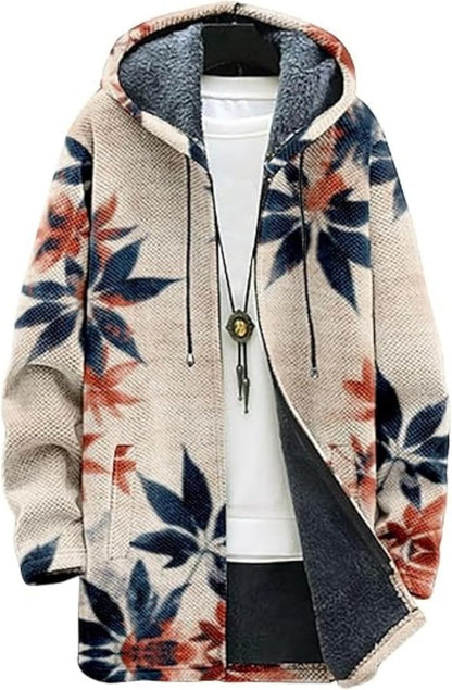 Men's Hooded Sweater Coat Knit Fleece Lined Long Cardigan Jacket with Zip Front Pocket Vintage Casual Zip Up