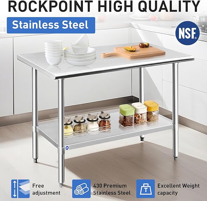 ROCKPOINT Stainless Steel Table for Prep & Work 18x60 Inches, NSF Metal Commercial Kitchen Heavy Duty Table with Adjustable Under Shelf and Table Foot for Restaurant, Home and Hotel