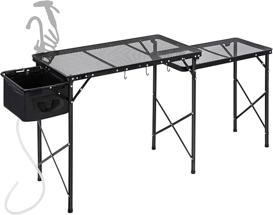 RedSwing Folding Grill Table with Sink and Double Shelf, Multifunctional Portable Stand Table for Outdoor Camping, Picnics, and Barbecues, 69"x20"x31.5", Black