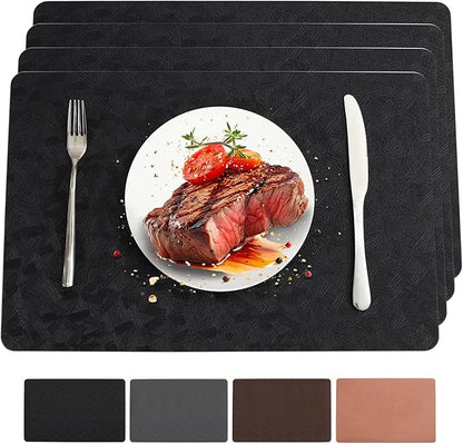 Vinyl Placemats Set of 4 Heat Resistant Easy Clean Non-Slip Place Mats for Dining Table. Faux Leather Waterproof Stain Resistant Wipeable Washable PU Table Mats(4, Black)