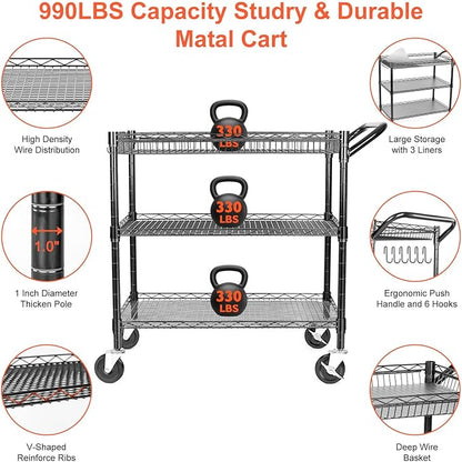 Heavy Duty Utility Cart, 990Lbs Capacity 3 Tier Rolling Carts with Wheels, Kitchen Cart on Wheels with Storage, Commercial Grade Metal Serving Carts with Wire Shelving &Handle Bar, Black