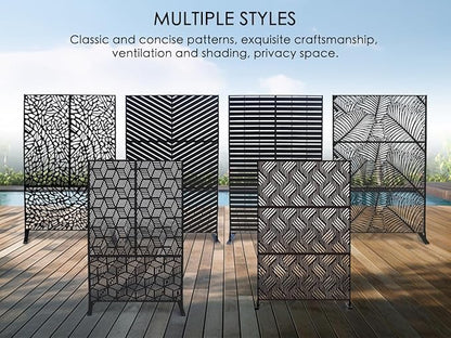 Kozyard Metal Privacy Screen 74" H x 47.2" W Decorative Outdoor Divider with Stand Panels Freestanding Screen Set for Deck Patio Balcony Garden Outdoor&Indoor(Black/Chevron)