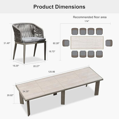PURPLE LEAF 11 Pieces Outdoor Dining Table and Chairs Set Patio Dining Set Aluminum Wicker Rattan Patio Furniture Set for Lawn Garden Backyard Grey
