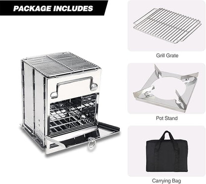 REDCAMP Wood Burning Folding Camp Stove Stainless Steel Grill and Pot Stand, Portable Collapsible Backpacking Stove Survival Rocket Stove for Hiking Outdoor Tent Camping Picnic, Largel with Pot Stand