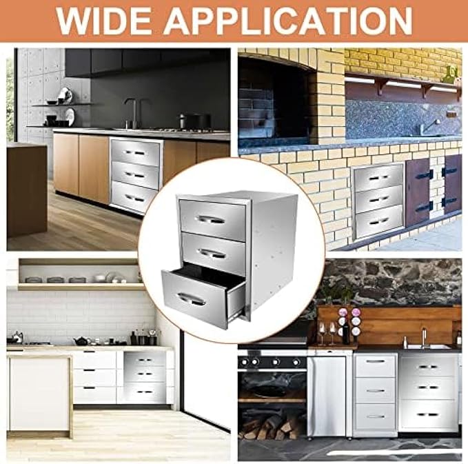 Stainless Steel Outdoor Kitchen Drawers - 3-Drawer BBQ Drawer, Built-in, Flush Mount for Outdoor Kitchens & BBQ Islands, 18Wx23Dx23H-3L