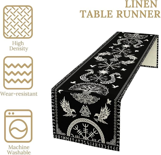 Viking Table Runner, Black Viking Tree of Life Raven Helmet of Awe Table Runner for Kitchen Dining Home Party 13x70in