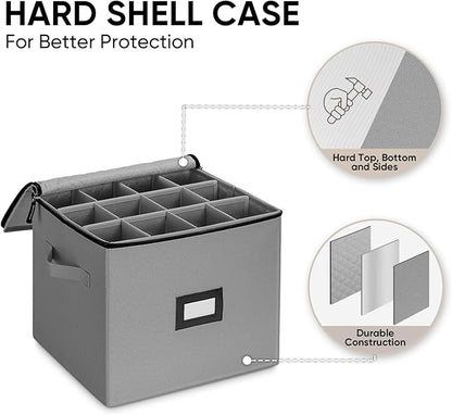 BALEINE China Storage Containers, Sturdy Quilted Wine Glass Storage, Plate Organizer with Carry Handles, Moving Boxes for Dishes, Cups, Mugs and Stemware (Champagne Flute, Hard Shell Grey)