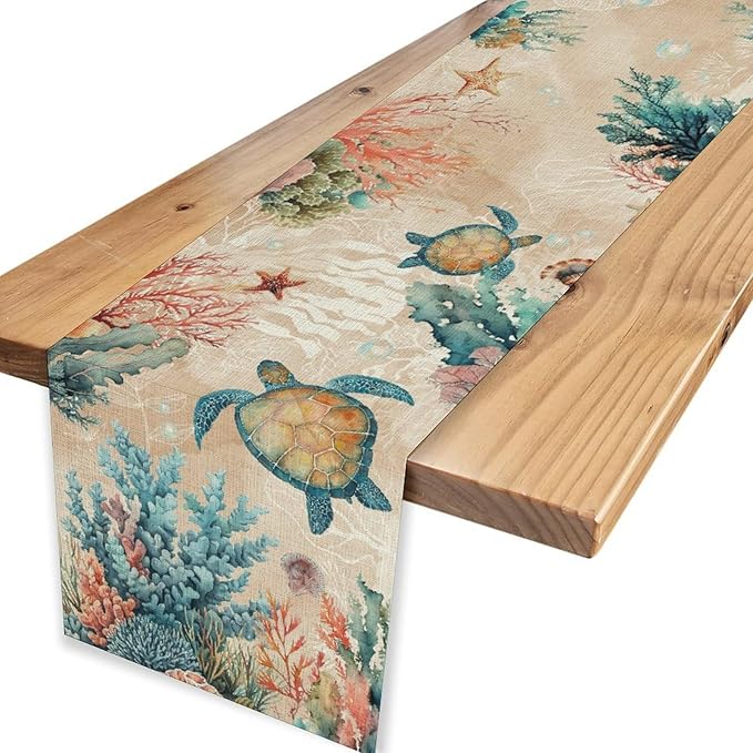 Retro Sea Turtle Table Runner, Nautical Starfish Underwater Coral Seashell Coastal Ocean Seasonal Coffee Table Center Decor for Home Kitchen Dining Patio Holiday Party Table Decorations 13"x108"