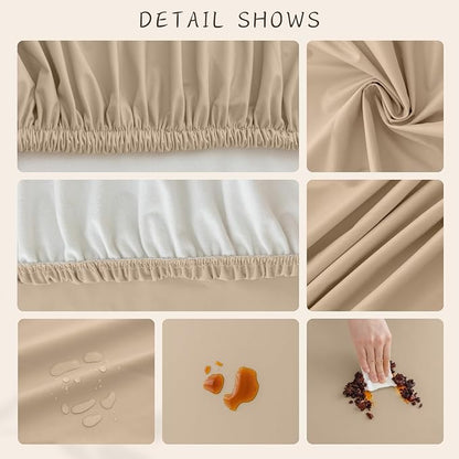 Round Fitted PU Tablecloth with High Elastic Edge 35 Inch Dia Waterproof Oil Proof Table Cloth Anti-Scald Stain-Resistant Wipeable Table Cover for Indoor Outdoor Picnic (Beige,35" Dia)