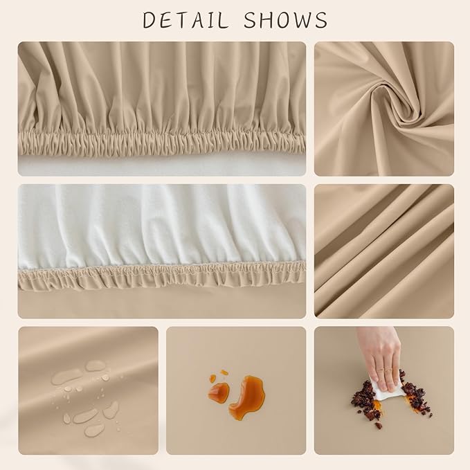 Round Fitted PU Tablecloth with High Elastic Edge 51 Inch Dia Waterproof Oil Proof Table Cloth Anti-Scald Stain-Resistant Wipeable Table Cover for Indoor Outdoor Picnic (Beige,51" Dia)