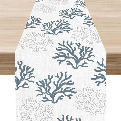 Coastal Table Runner, Summer Seasonal Beach Coral Nautical Tropical Ocean Marine Farmhouse Rustic Coffee Table Center Decor For Home Kitchen Dining Patio Indoor Outdoor Table Decoration, 13"x108" Inch