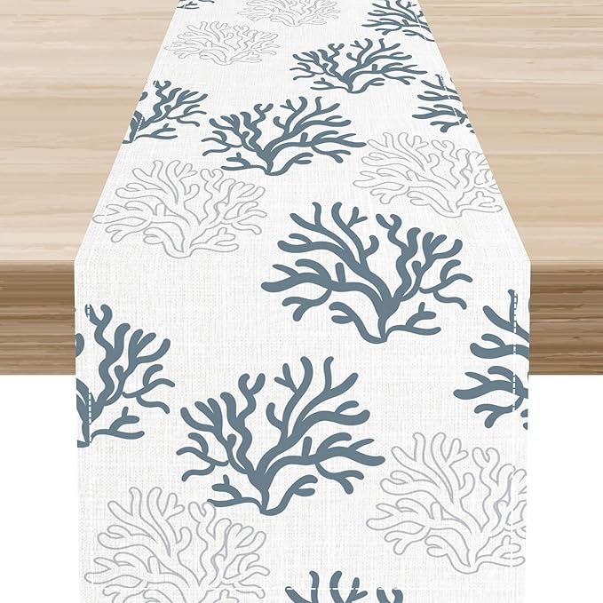 Coastal Table Runner, Summer Seasonal Beach Coral Nautical Tropical Ocean Marine Farmhouse Rustic Coffee Table Center Decor for Home Kitchen Dining Patio Indoor Outdoor Table Decoration, 13"x90" Inch