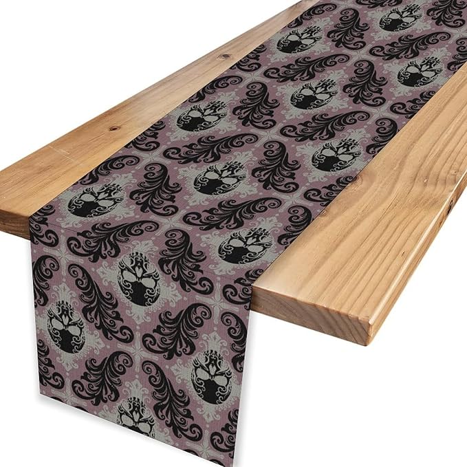 Goth Table Runner, Antique Gothic Damask Skull Baroque Style Floral Halloween Exotic Purple Coffee Vintage Table Center Decor for Kitchen and Dining Outdoor Country Party Table Decorations, 13"x90"