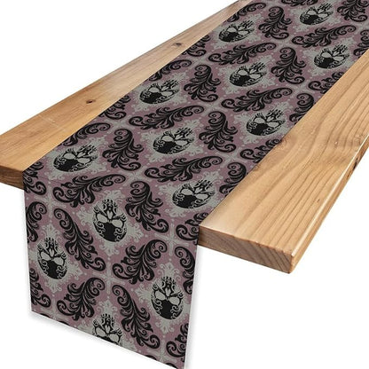 Goth Table Runner, Antique Gothic Damask Skull Baroque Style Floral Halloween Exotic Purple Coffee Vintage Table Center Decor for Kitchen and Dining Outdoor Country Party Table Decorations, 13"x36"