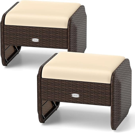 Tangkula 2 Pieces Patio PE Wicker Ottomans with Removable Cushions, Multipurpose Outdoor Furniture for Additional Seating, Footrest and Side Table, Outdoor Footstools for Porch, Backyard (Beige)