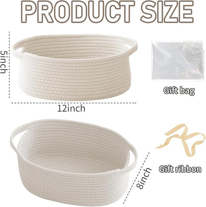 Woven Basket,Small Rope Storage Bin with Handles & Ribbon Bag, Organizer for Shelves Closets,Gift Basket Empty for Birthday,Books,Dog Toys,White/3 Pack