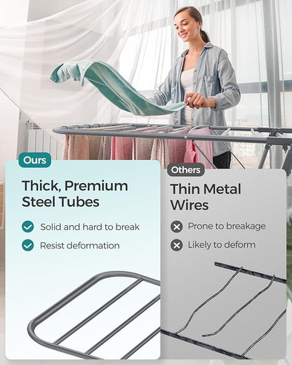 SONGMICS Clothes Drying Rack, Foldable 2-Level Laundry Drying Rack, Free-Standing Laundry Airer, with Height-Adjustable Wings, 33 Drying Rails, Sock Clips, Gray ULLR053G02V1