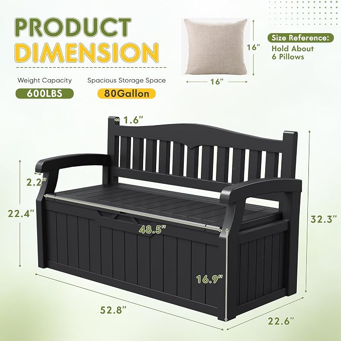 Greesum 80 Gallon Deck Box Storage Bench, Patio Furniture, Dark Black | Lockable - Image 2