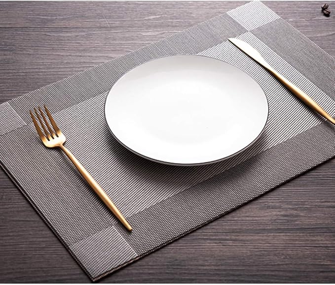 PIGCHCY Place Mats Heat-Resistant Non Slip Table Mats - Easy Wipe Clean Woven Vinyl Placemats for Dining Table Set of 6 (Grey Silver)