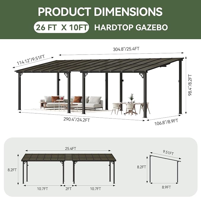 Aoxun 26’x10’ Gazebo with Aluminum Frame & Polycarbonate Panel, Outdoor Patio - Image 2