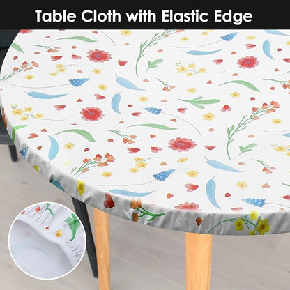 2 Pcs Round Picnic Tablecloth, Waterproof Elastic Fitted Table Covers, Elastic Edge Table Cover Indoor Outdoor Round Fits 43"-55" Round Table Cloth, Oilproof Wipeable Protector for Camping (Flower)