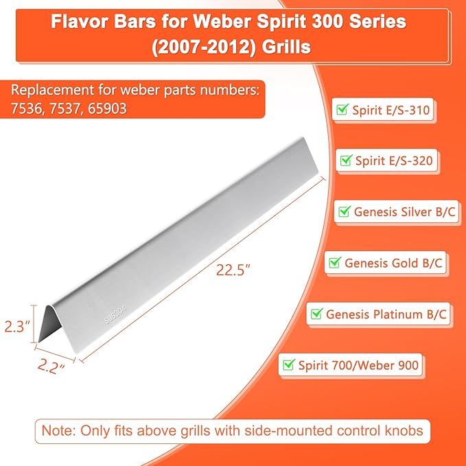 QuliMetal 304 Stainless Steel 22.5" Flavorizer Bars for Weber Spirit 300 Series (Side Knobs) – Fits Spirit E310, E320, Genesis Silver Gold Platinum B/C, Replacement for Weber 7536/7537