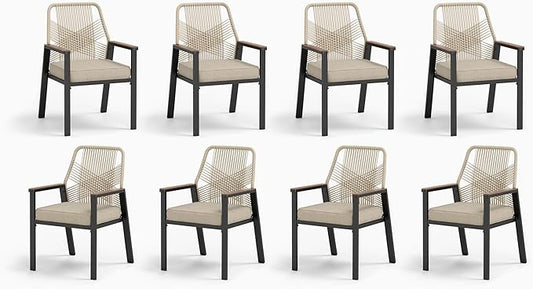 Patio Wicker Chair Sets of 8, Outdoor Dining Chairs with 3.1 inch Seat Cushions, Sturdy Metal Frame & Wood Grain Armrest, Patio Dining Chairs for Porch Backyard, Beige