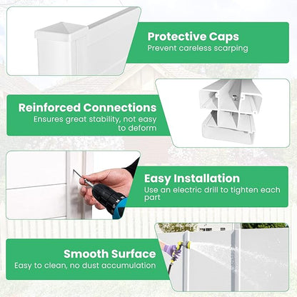 Giantex Outdoor Privacy Screen 4 Panels, 48''W x 48''H Decorative Air Conditioner Fence Trash Can Enclosure with 3 Stakes, Easy Assembly, PVC Vinyl Picket Fences for Garden Patio Lawn, White
