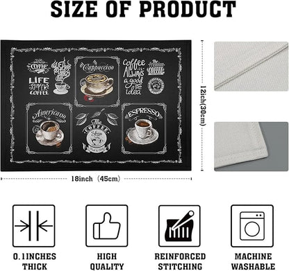 Giwawa Coffee Placemts Set of 4, 12"x18" Black Cafe Life Themed Coffee Beans Maker Espresso Cup Print, Washable Heat-Resistant Linen Placemats for Dining Table Party