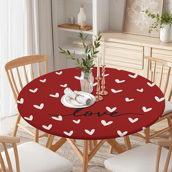 Valentines Day Round Fitted Tablecloth with Elastic Red White Love Heart Circle Table Cloth for 36-40" Round Tables Stretch Waterproof Washable Valentine Table Cover for Picnic Dining Party Decor
