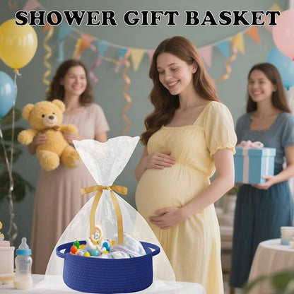 Gift Basket with Gift Bag and Ribbons,Small Rope Woven Shelf Storage,Baskets for Gifts Empty,Birthday,Baby Shower,Decorative Organizer Box with Handles(Royal Blue)