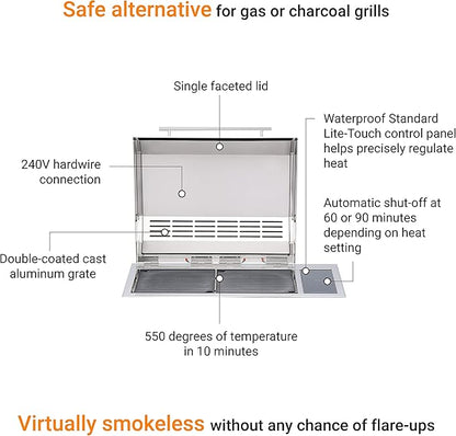 Kenyon Texan Built-In Electric Grill with Faceted Single Piece Lid and Standard Lite Touch Control, Stainless Steel Body, UL-Approved for Use Indoors and Outdoors, No-Flame Grill, 240 Volts