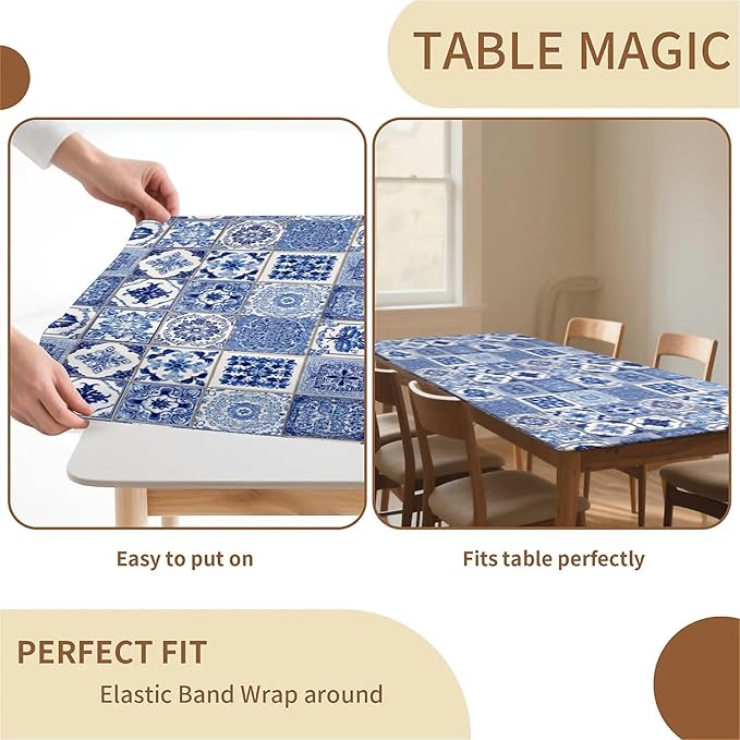Rectangle Table Cloth Cover Waterproof Elastic Fitted Polyester Fitted Tablecloths for 8 Foot Tables for Indoor,Picnic, Camping, Outdoor （96" x 30"，Bohemia）