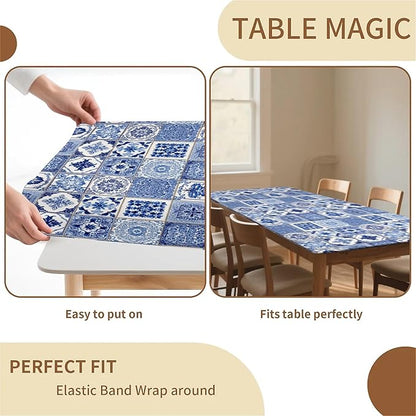 Rectangle Table Cloth Cover Waterproof Elastic Fitted Polyester Fitted Tablecloths for 8 Foot Tables for Indoor,Picnic, Camping, Outdoor （96" x 30"，Bohemia）
