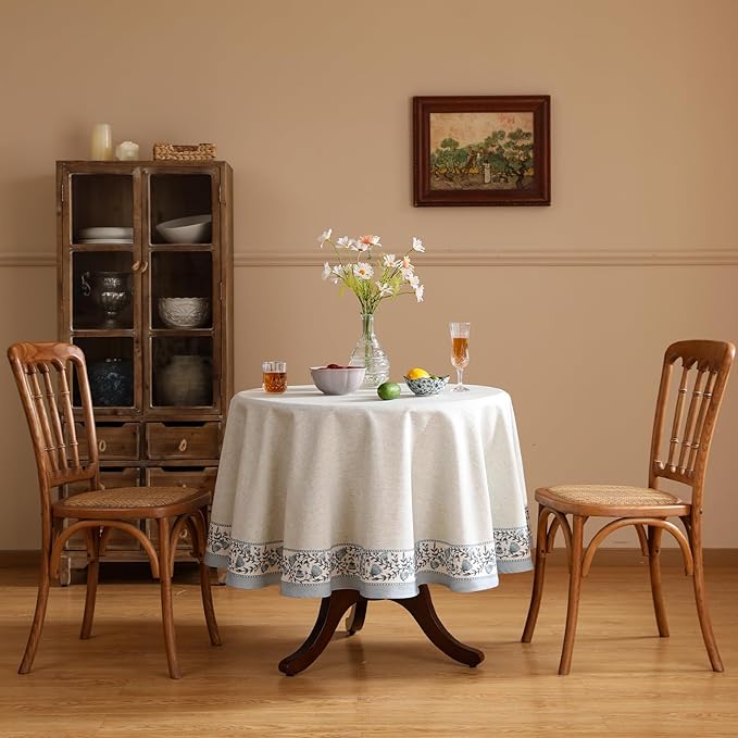 ISAENNE Designer Vintage Linen Elegant Small Round Tablecloth,Chinoiserie Floral Table Cloth,Wrinkle Resistant Decor Table Cover for Dining Thanksgiving Kitchen,Diameter 55"-Segerman B