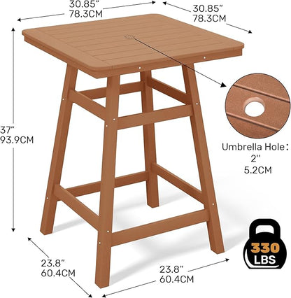 Costaelm Outdoor Bar Table, 37" Counter Height Square Patio Cocktail Bar Table with Umbrella Hole, Patio Bistro Dining Pub Table for Front Porch Deck Backyard Garden, Teak
