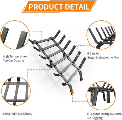 Heavy Duty 24Inch Fireplace Grate, Solid Steel Log Rack for Wood Burning, Extra Wide Firewood Grates for Indoor Fireplace & Outdoor Fire Pit, Wood Stove Grate
