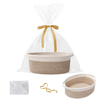 Gift Basket with Gift Bag and Ribbons,Small Rope Woven Shelf Storage,Baskets for Gifts Empty,Birthday,Baby Shower,Decorative Organizer Box with Handles(White&Mixed Brown)